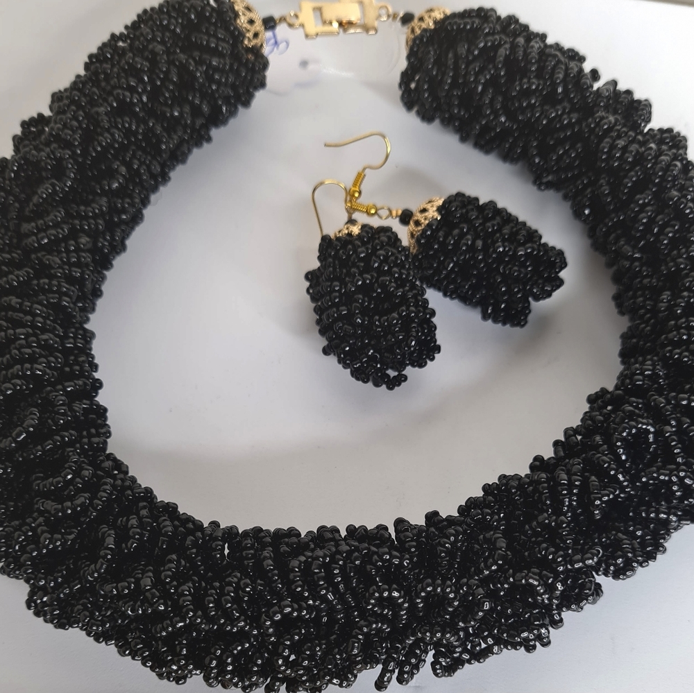 Adametu Jewelry collection 3 piece Black beaded necklace set